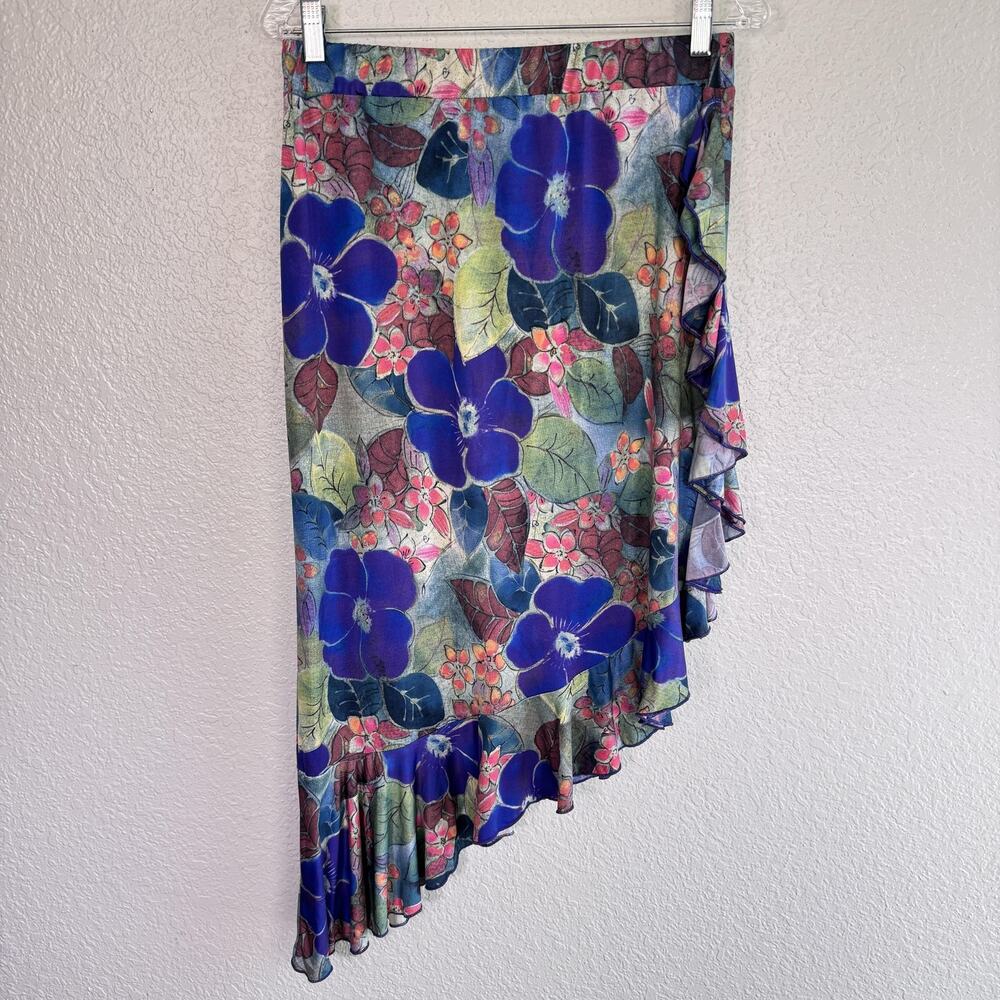 Lapis Skirt Womens Small Floral Asymmetric Ruffle Hem Boho Art to Wear Flower S